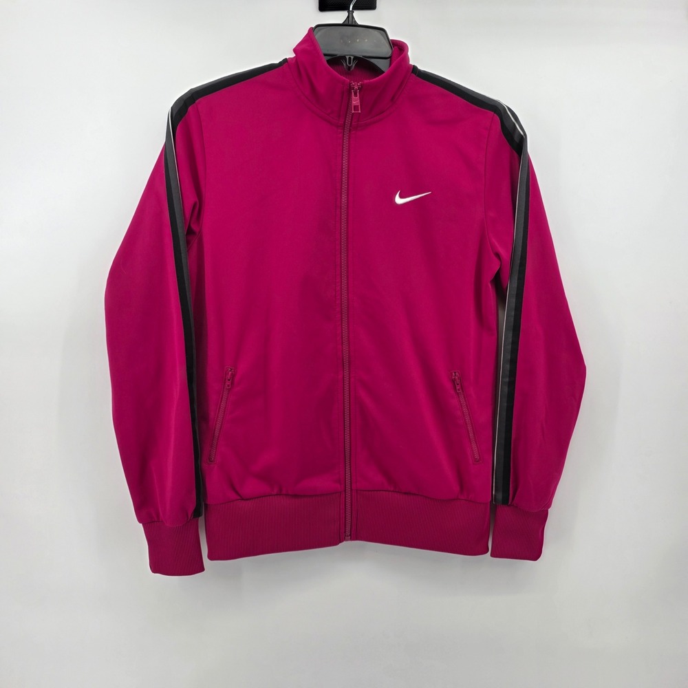 Nike Womens Full Zip Track Jacket Magenta Pink Racing Stripe Mock Neck Large